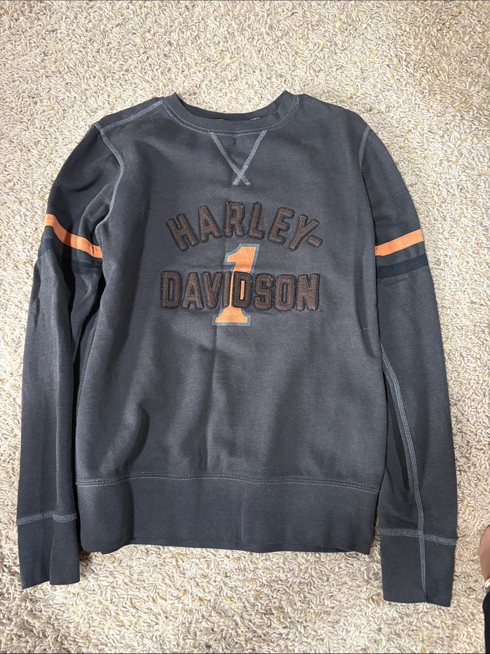 Harley-Davidson Gray Crewneck with Orange Number and Sleeve Stripes